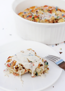 Funfetti Cake Batter Cinnamon Roll Casserole on white plate