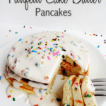 Funfetti Cake Batter Pancakes stack with bite cut out