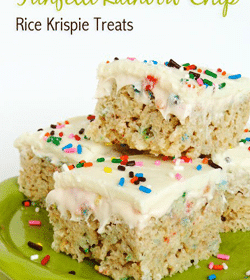 Funfetti Rainbow Chip Rice Krispie Treats on Lime Green platter
