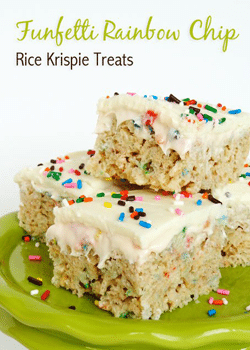 Funfetti Rainbow Chip Rice Krispie Treats on Lime Green platter