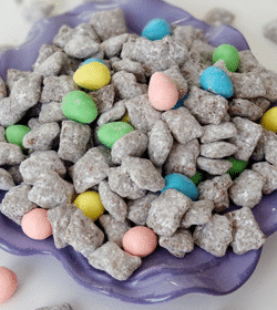 Reese's Easter Egg Puppy Chow in purple bowl