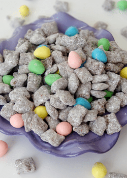 Reese's Easter Egg Puppy Chow in purple bowl