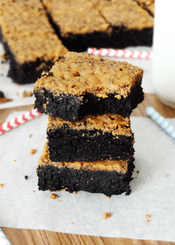 Fudgy Brownies with Crispy Butterfinger Crust stacked