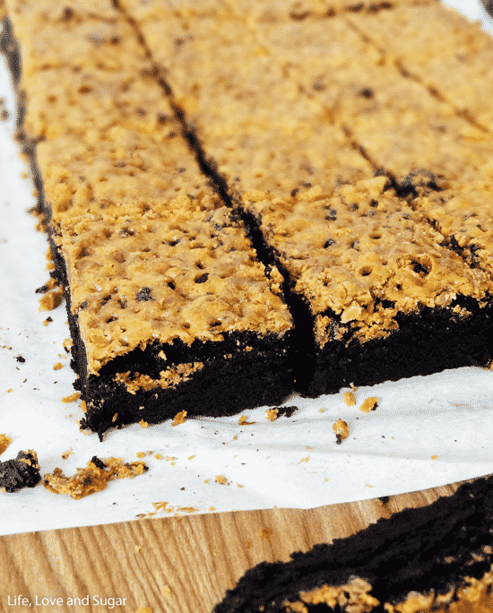 A bunch of freshly sliced brownies on parchment paper