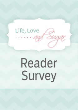 An Electronic Poster That Promotes Life Love & Sugar's Reader Survey with a Light Teal Background