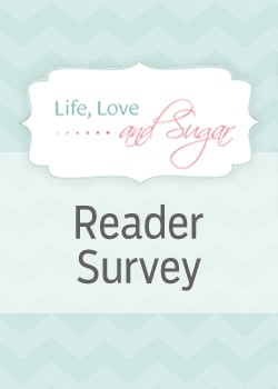 Help Me Make the Blog Better! An Electronic Poster That Promotes Life Love & Sugar's Reader Survey with a Light Teal Background