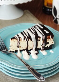 A Slice of Kahlua Ice Cream Pie on a blue plate