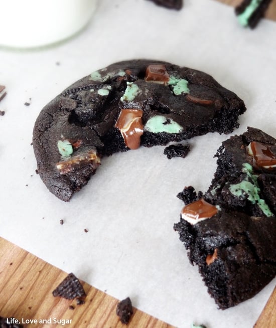 A Mint Chocolate Cookie broken in half on white paper