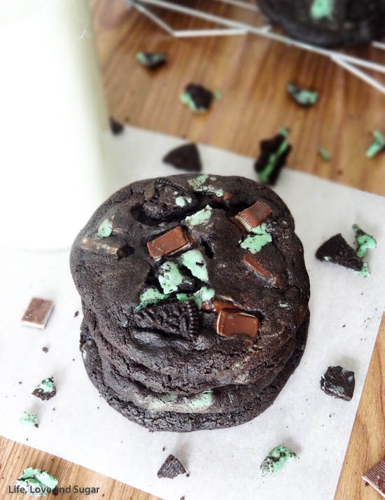 Overhead view of stacked Chocolate Cookies with Oreos and mint pieces on top