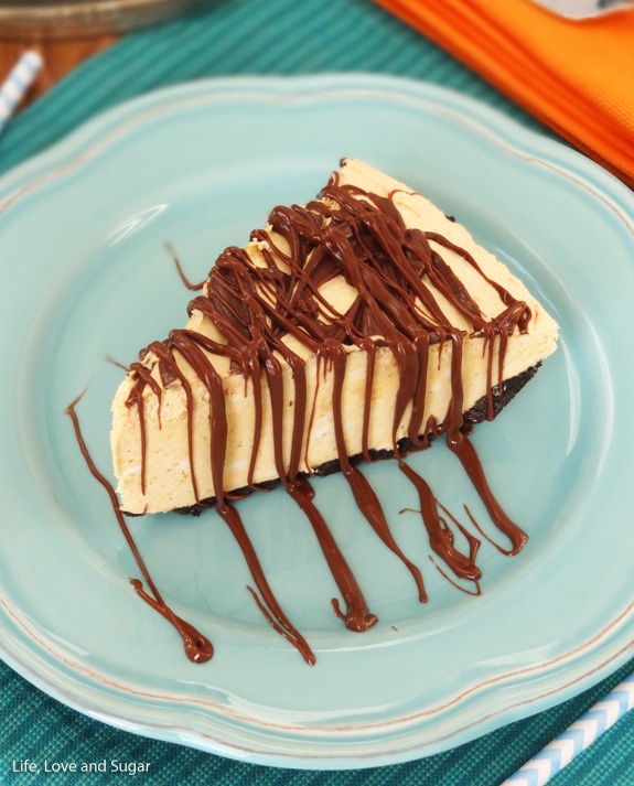 A close-up shot of a slice of pumpkin pie drizzled with extra Nutella