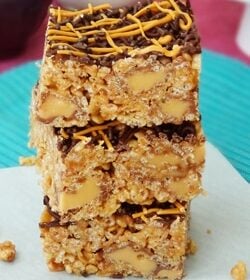 Caramel Rolo Rice Krispie Treats stacked