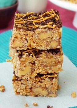 Caramel Rolo Rice Krispie Treats stacked