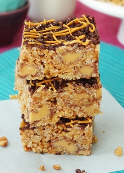 Caramel Rolo Rice Krispie Treats stacked