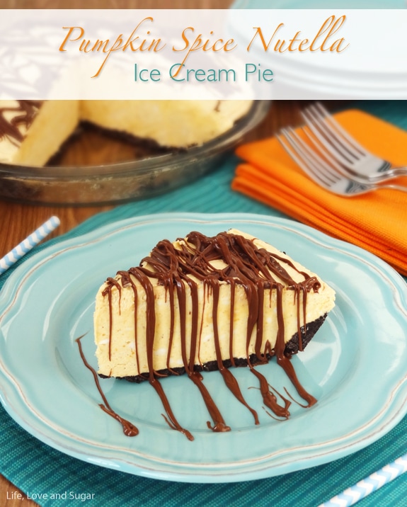 A slice of pumpkin ice cream pie on a teal plate with Nutella drizzled overtop