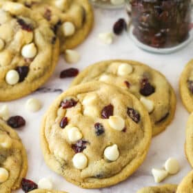 Cranberry white chocolate cookies on the counter