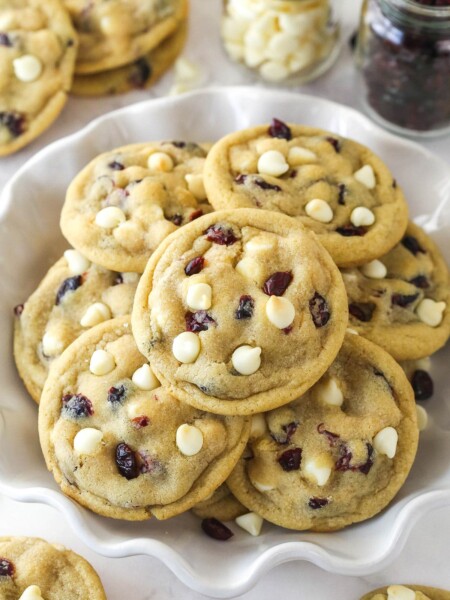 Cranberry white chocolate chip cookies in a bowl