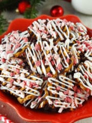 Peppermint Pretzel Crunch on red plate