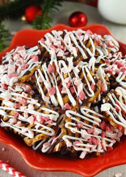 Peppermint Pretzel Crunch on red plate