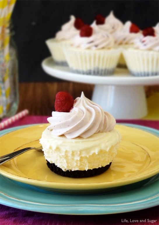 A Cheesecake Ice Cream Cupcake topped with whipped cream and a raspberry on a yellow plate