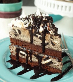 Oreo Cookies and Cream Ice Cream Cake on blue plate