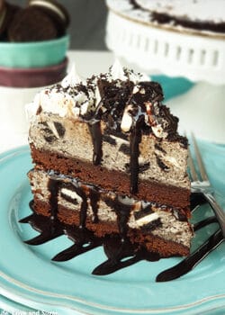 Oreo Cookies and Cream Ice Cream Cake on blue plate