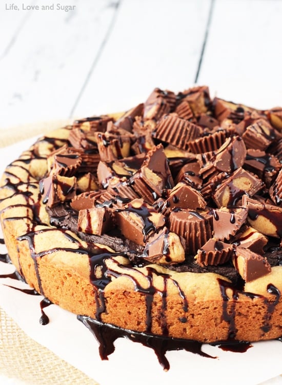 Close-up of Reese's Peanut Butter Chocolate Chip Cookie Cake