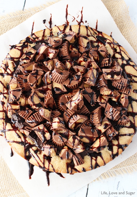 Overhead view of Reese's Peanut Butter Chocolate Chip Cookie Cake