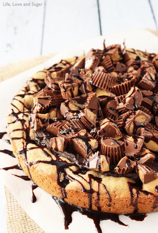 Overhead view of Reese's Peanut Butter Chocolate Chip Cookie Cake