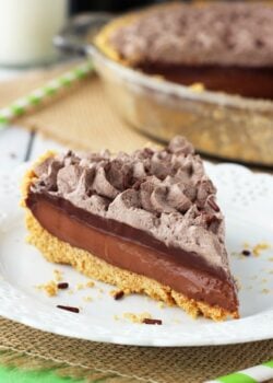 A slice of Baileys Chocolate Pie on a white plate