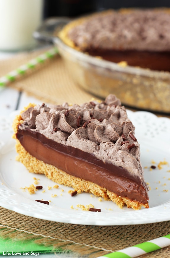 A slice of Baileys Chocolate Pie on a white plate