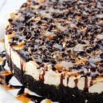 No Bake Samoa Cheesecake on White Platter