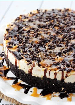 No Bake Samoa Cheesecake on White Platter