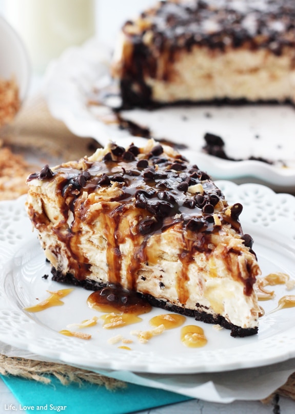 No Bake Samoa Cheesecake - You don't even need the cookies, so you can make it all year long!