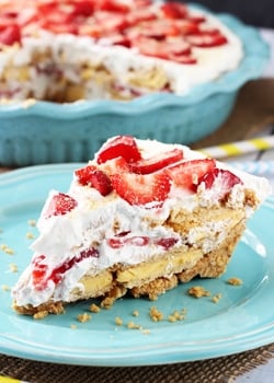 A slice of No Bake Strawberry Lemon Cookie Pie on a Plate