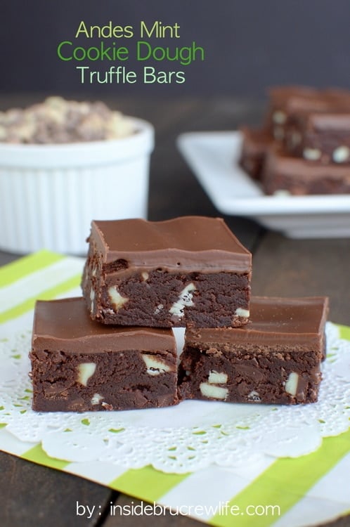 Three Andes Mint Cookie Dough Truffle Bars stacked.