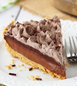 Baileys Chocolate Pie slice on white plate