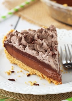 Baileys Chocolate Pie slice on white plate