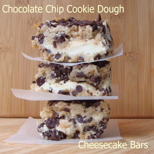 A stack of three Chocolate Chip Cookie Dough Cheesecake Bars stacked one on top of the other.
