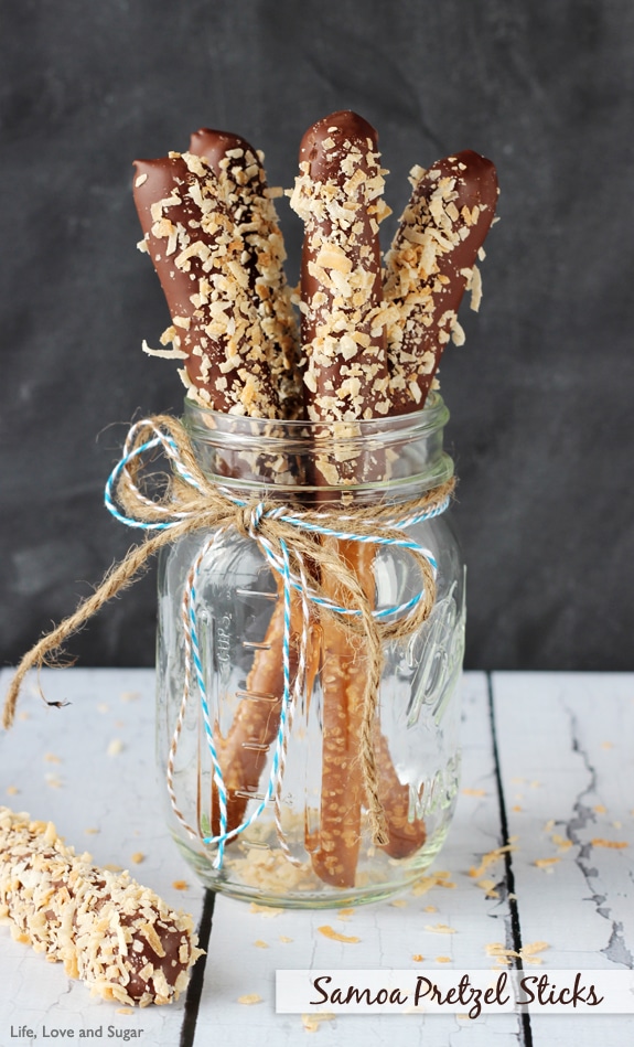 Samoa Pretzel Sticks - caramel, chocolate and toasted coconut!