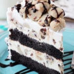 Chocolate Chip Cookie Dough Ice Cream Cake slice on blue plate