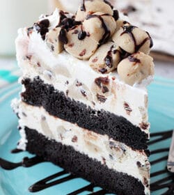 Chocolate Chip Cookie Dough Ice Cream Cake slice on blue plate