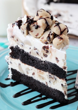 Chocolate Chip Cookie Dough Ice Cream Cake slice on blue plate