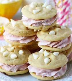 Lemon Raspberry Cookie Sandwiches on white plate