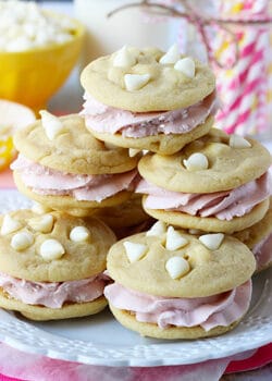 Lemon Raspberry Cookie Sandwiches on white plate