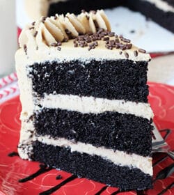 Caramel Mocha Chocolate Cake slice on red plate