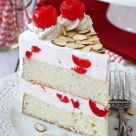 Cherry Almond Amaretto Ice Cream Cake slice on white plate