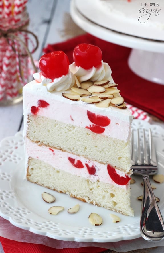 Image of a Slice of Cherry Almond Amaretto Ice Cream Cake