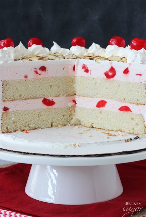 Image of a Cherry Almond Amaretto Ice Cream Cake on a Cake Stand