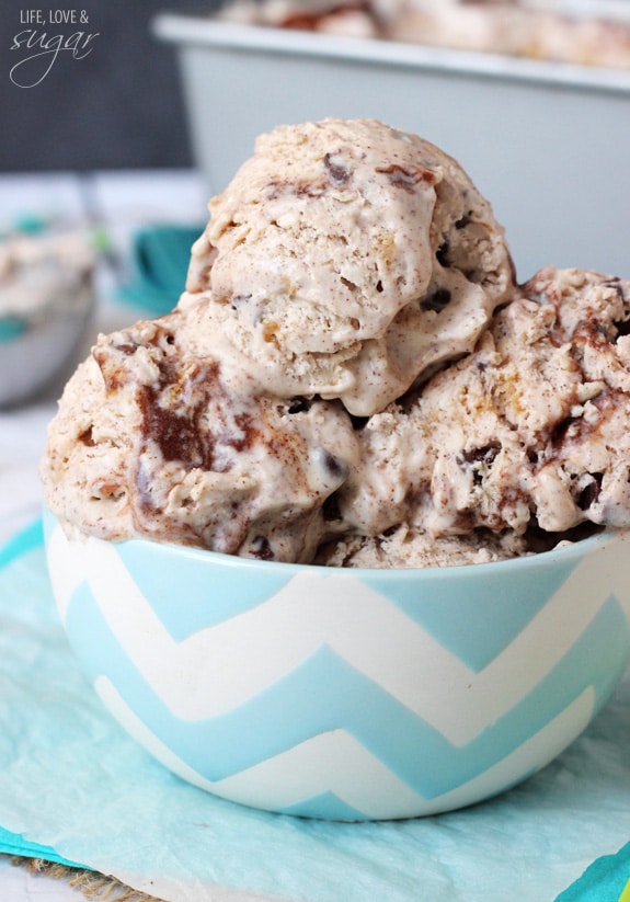 Oatmeal Chocolate Chip Cookie Ice Cream - Cinnamon ice cream, with oatmeal cookie pieces, mini chocolate chips, and a cinnamon swirl