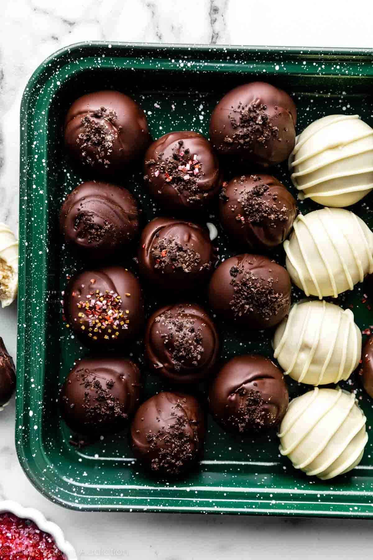 Top view of a tray of Oreo Balls.